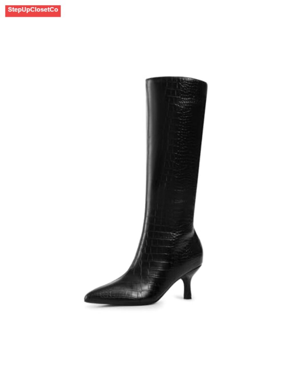 Women's Kitten Heel Knee High Boots Faux Leather Pointed Toe